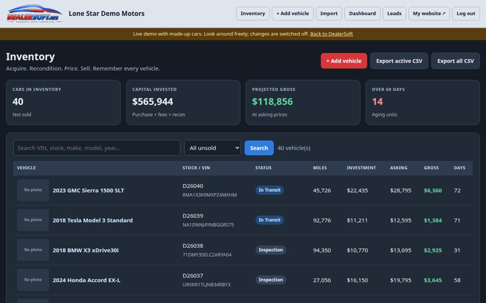 DealerSoft back office inventory list