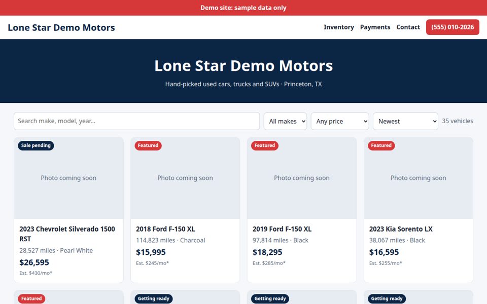 Demo dealer website with car listings